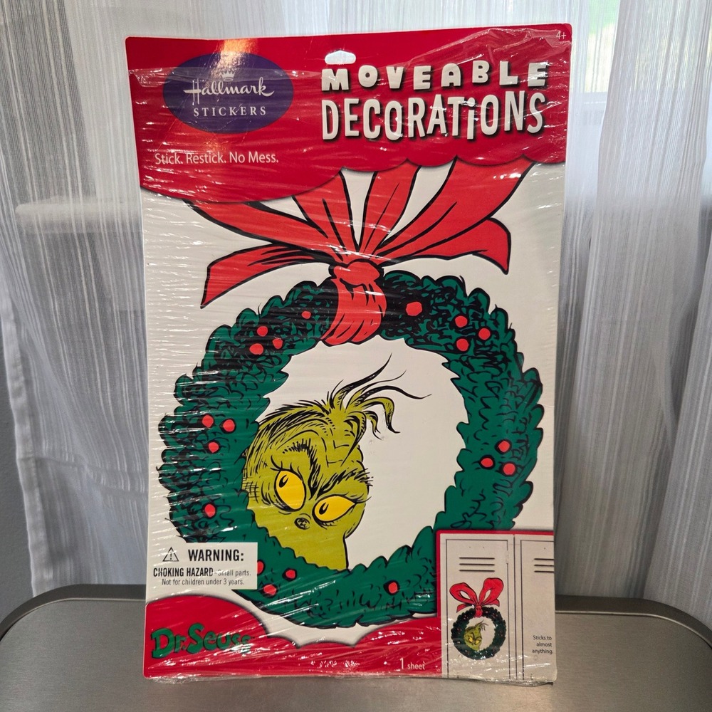 Hallmark VTG Dr Seuss The Grinch Moveable Wreath Decoration Sticker XXS7024 2012